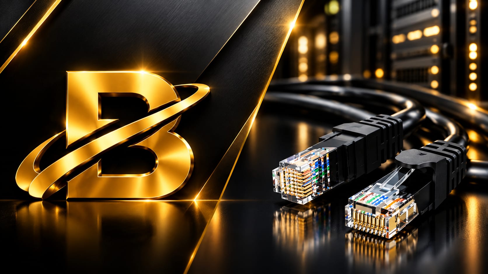 Gold BronzCoTech B logo beside black network cables with RJ45 connectors in front of a server rack